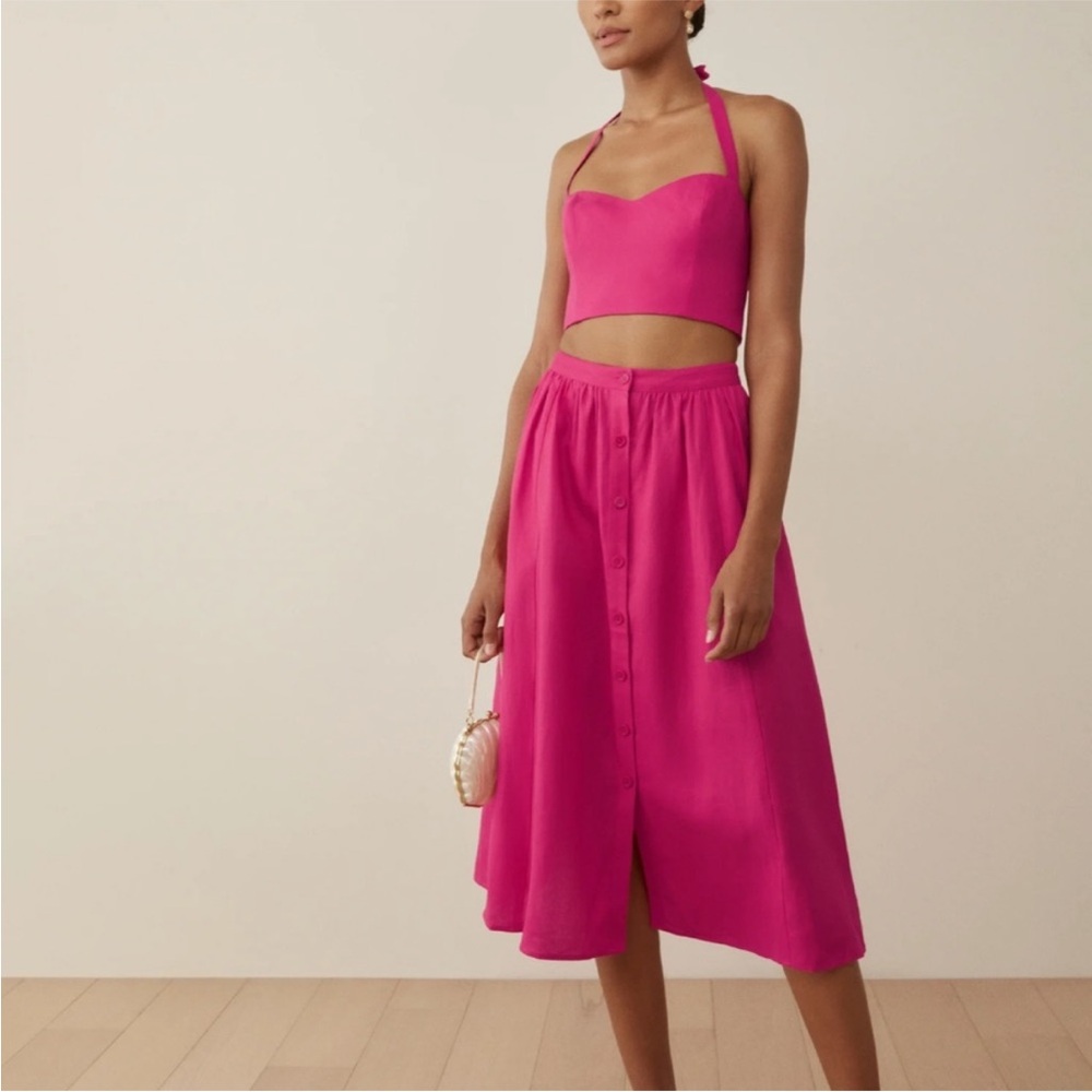 Reformation Orzo Linen Two Piece 
Pink A-Line Midi Skirt Asymmetrical Set